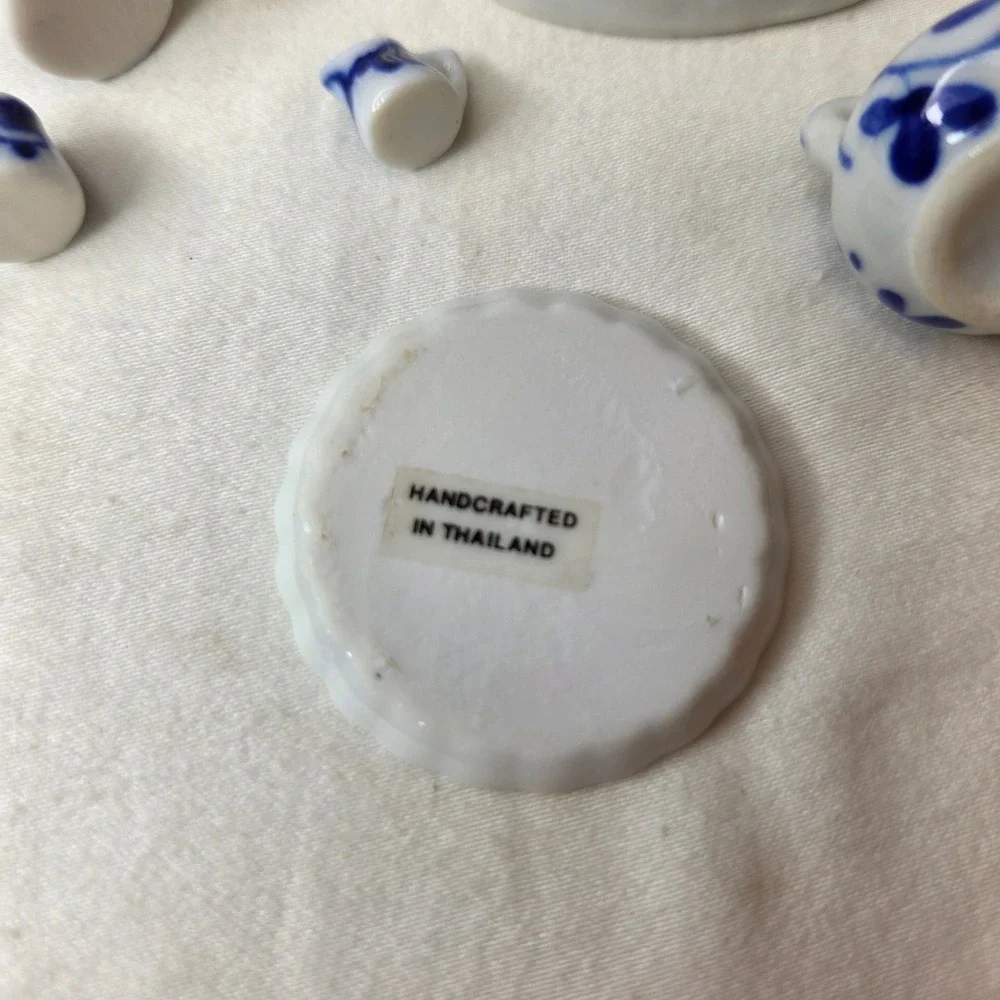 Vtg Handcrafted Thailand Blue White Porcelain Miniature Tea Set 20pc Lot